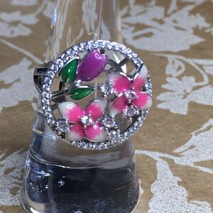Sterling Silver ring with Pink and Green Enamel Flowers & CZ’s